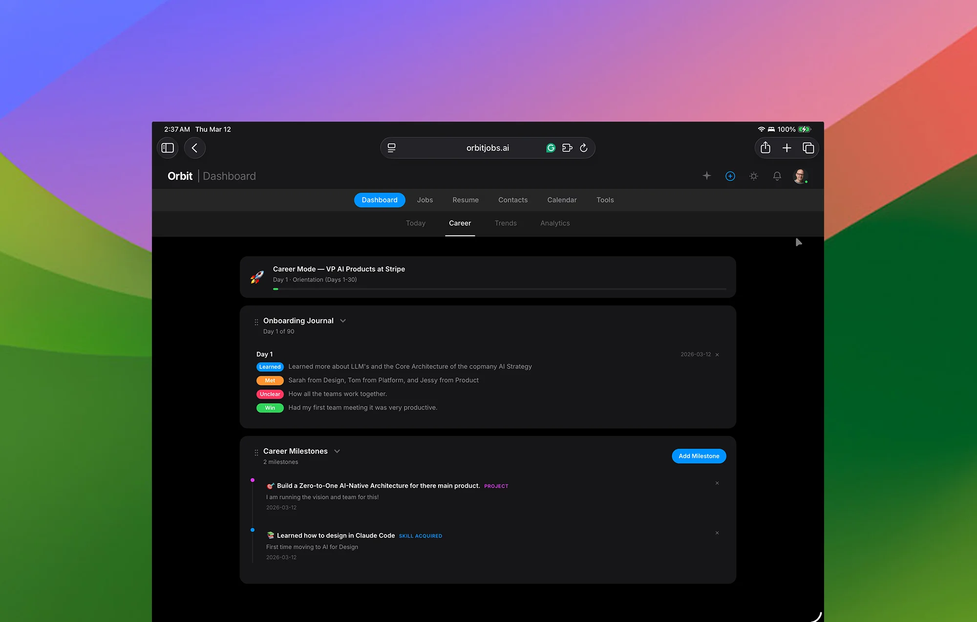 Orbit Career Mode showing 90-day onboarding journal with milestone tracking and salary history