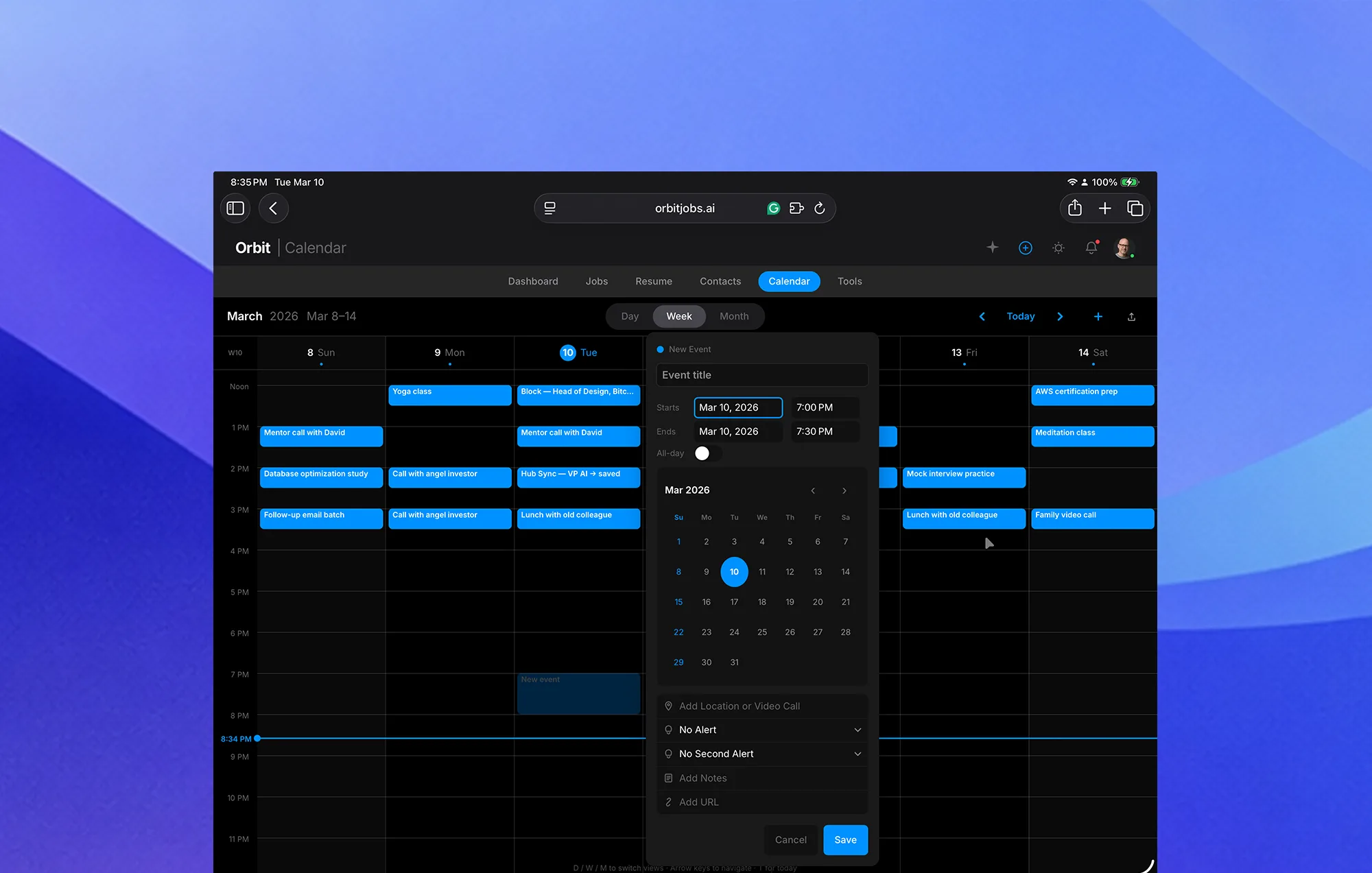 Orbit calendar view showing interview schedule synced from job pipeline