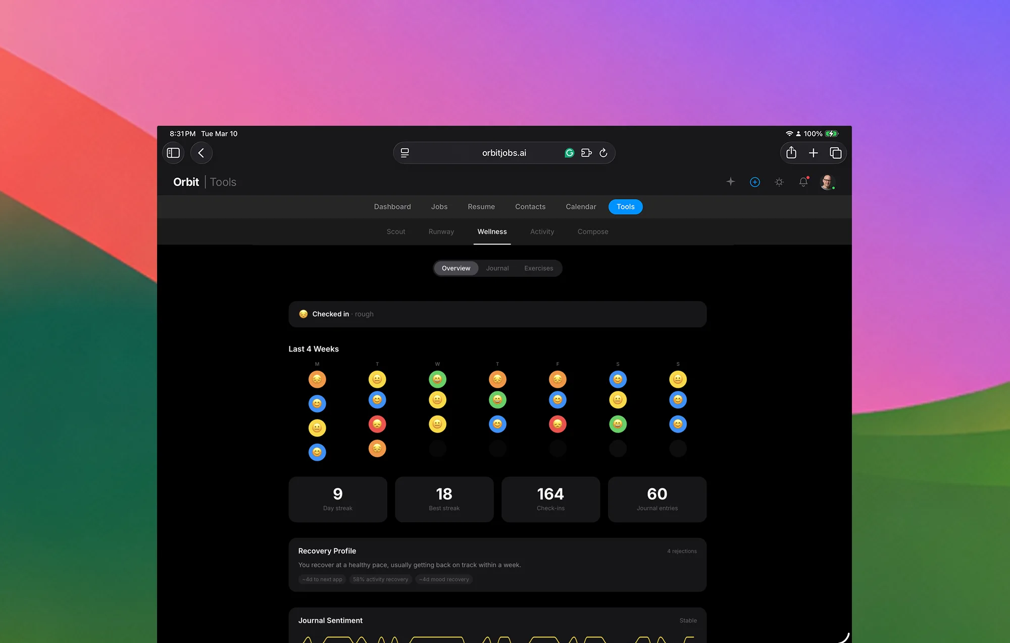 Orbit career wellness coach with daily mood check-ins and resilience streaks
