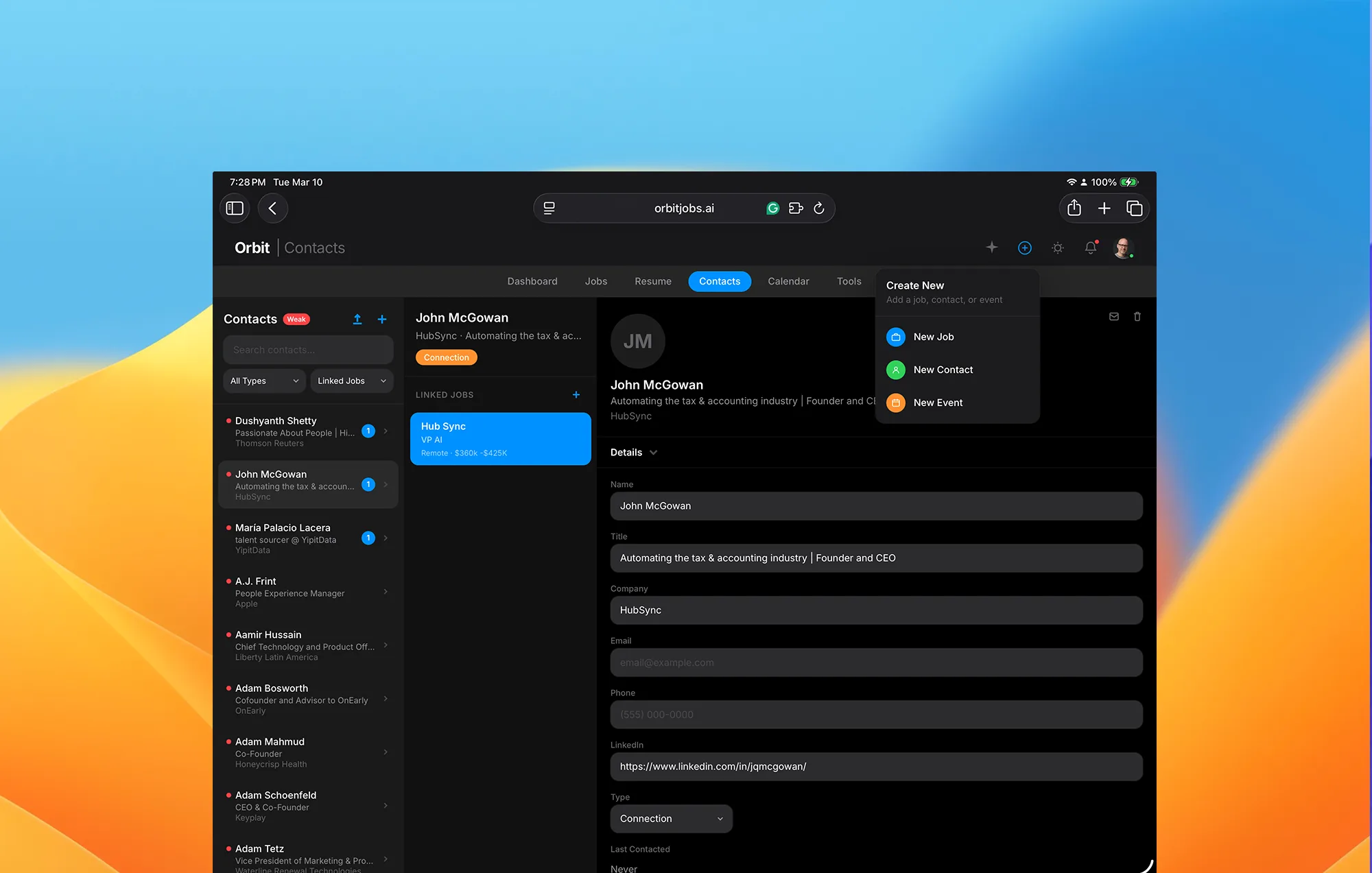 Orbit contact CRM showing AI-captured LinkedIn profile with relationship types