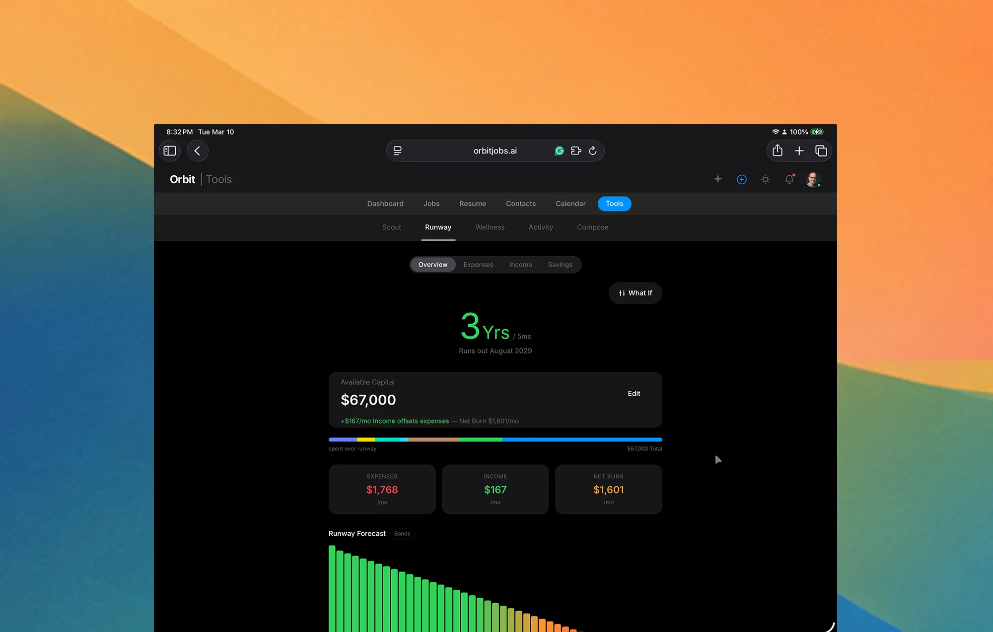 Orbit financial runway planner showing monthly expenses and savings projection