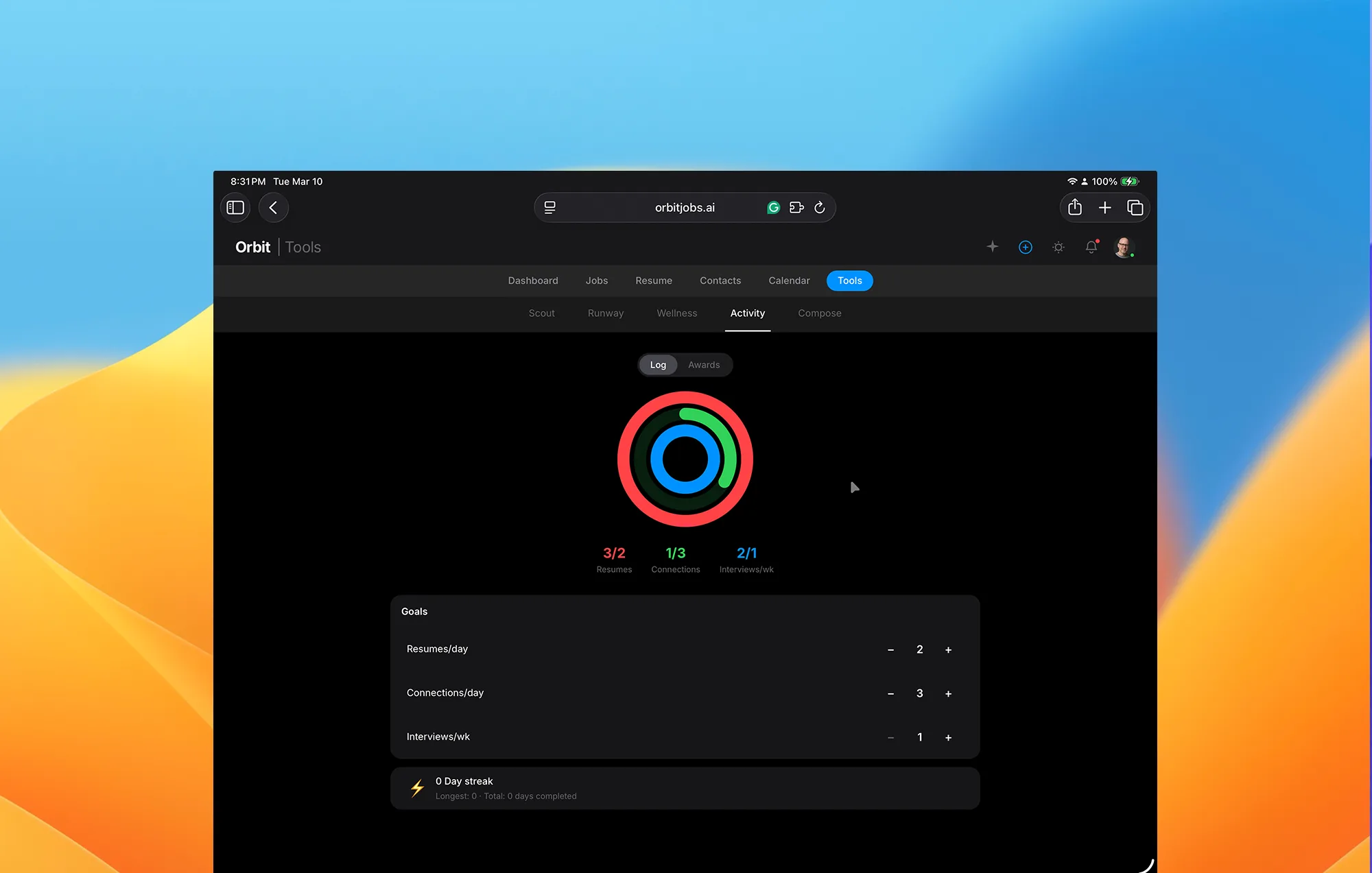 Orbit goals dashboard showing daily targets, streaks, and achievement badges