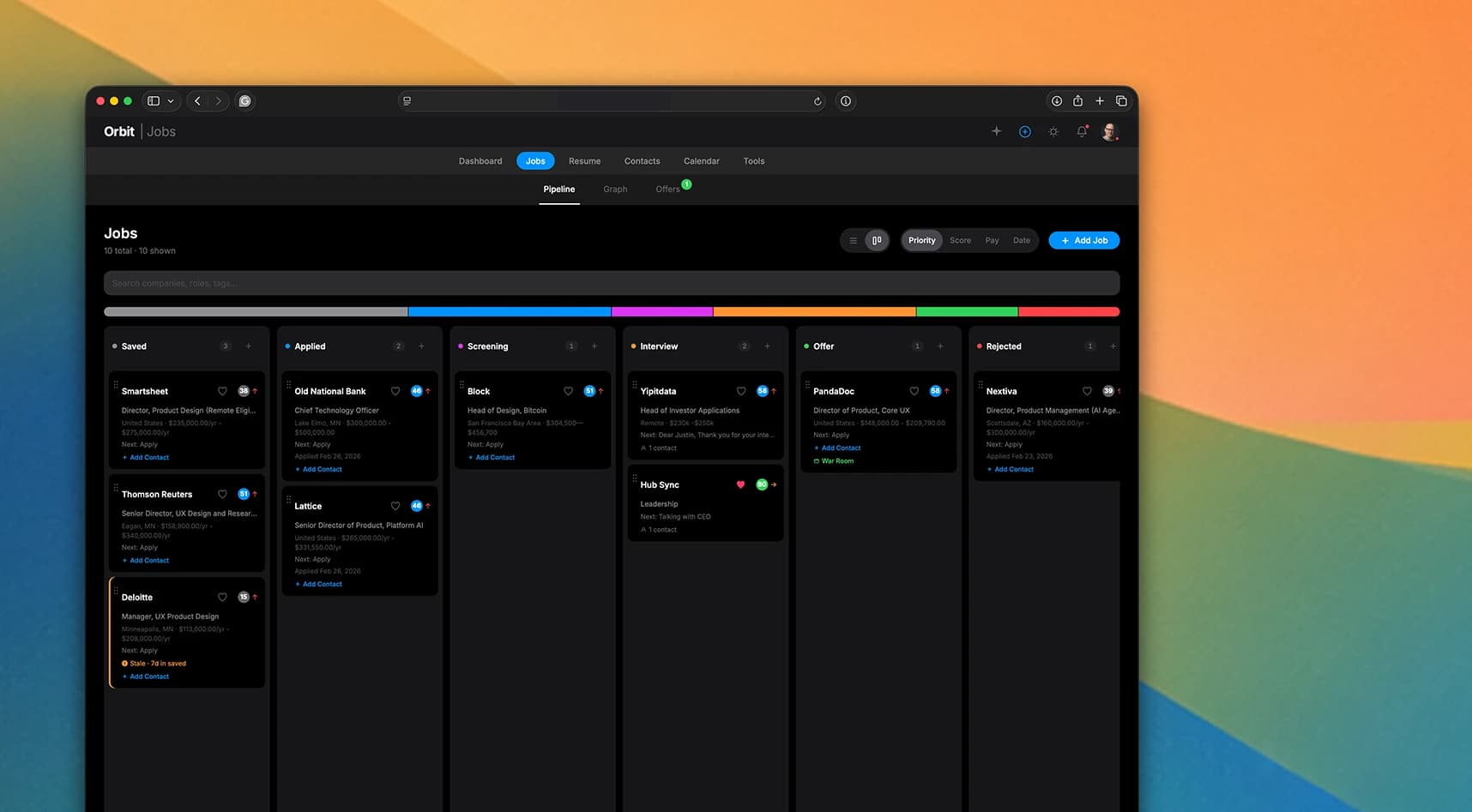 Orbit pipeline tracker showing job applications organized across stages